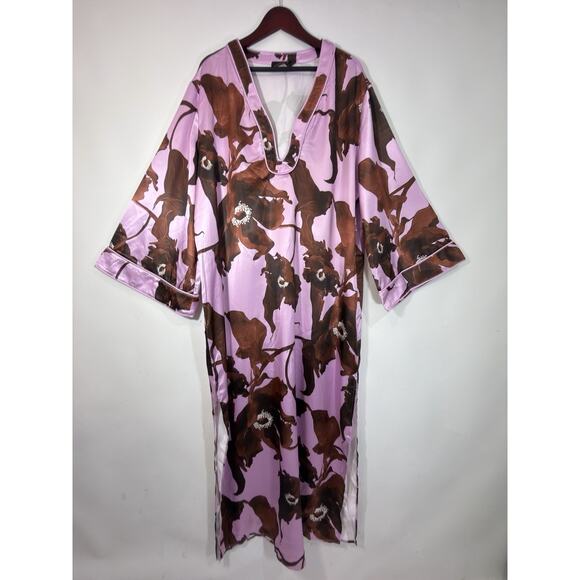 Fashion Nova Dresses & Skirts - Nova Luxe Maximalist Satin Floral Caftan Maxi Dress 1X Deep V Resortwear Vacay